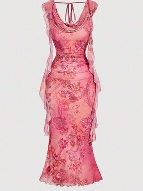 SHEIN Pink Paisley Ruffle Midi Dress
